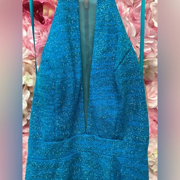 Jovani 67563 Size 4 Ocean Blue High Neck With Mesh Long Dress With Train NWT - Picture 6 of 6